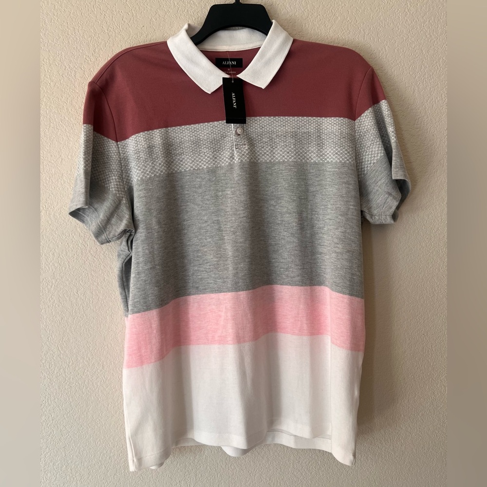 ALFANI Mens Golf Polo Shirt Large Gray Red White Colorblock Short Sleeve Collar